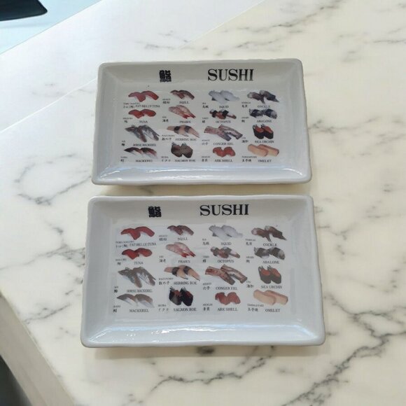 Two Rectangular Japanese Sushi Plates Fish Tuna Prawn Salmon Squid Abalone Japan - Picture 6 of 6